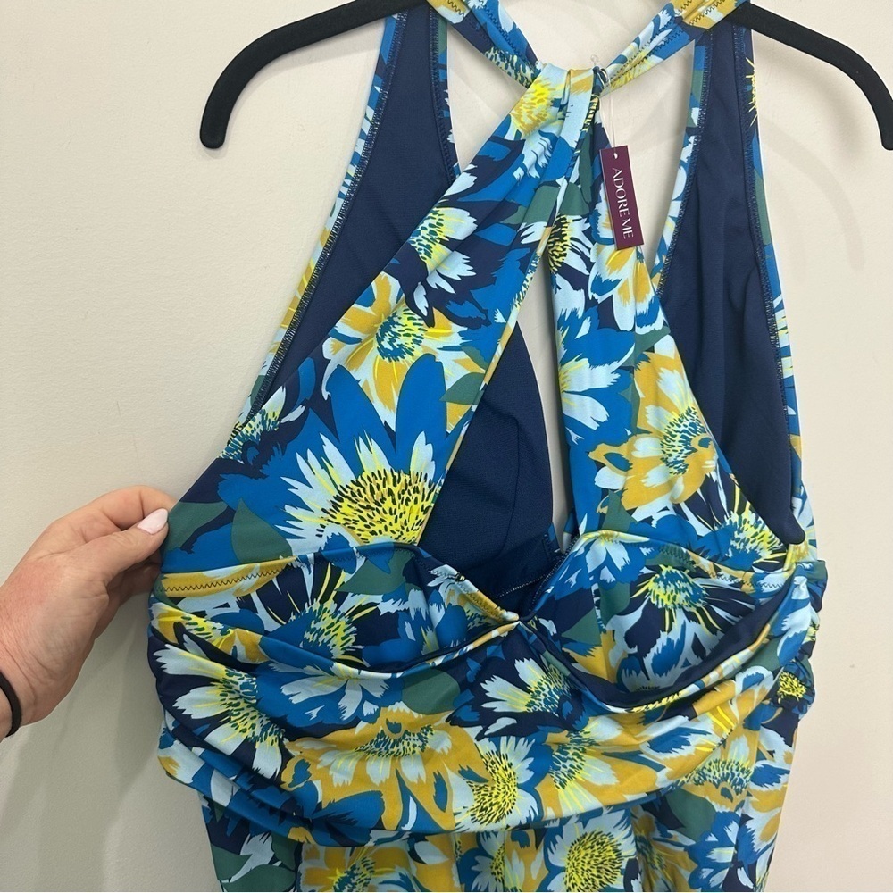 Adore Me Monroe One Piece Swimsuit Bathing Suit Blue Yellow Floral - Picture 3 of 5